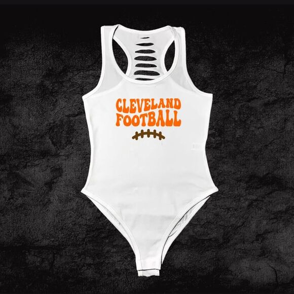Womens white/brown handmade Cleveland bodysuit, Cleveland Fan Gift, Football Mom - Picture 1 of 3